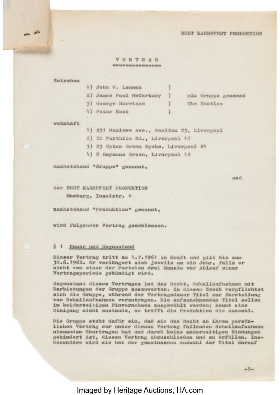 Music Memorabilia:Documents, The First Recording Contract Signed By The Beatles, For The "MyBonnie" Session (Germany, 1961)....