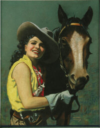 Illustration:Pin-Up, EMANUEL DECOLAS (American 20th Century) . Cowgirl WithHorse, original pin up illustration . Pastel on paper . 22 x17in... (Total: 1 Item)