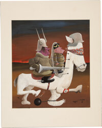 Mainstream Illustration, SAUL STEINBERG (American 1914 - 1999). Don Quixote, circa1943. Acrylic on paper. 14 x 12 in.. Signed lower right. ...