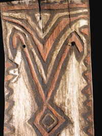 Oceanic: , Papua-New Guinea, Central Highlands. Telefomin. War Shield. Wood,pigment, vine. Height: 58 1/2 inches Width: 23 1/2 inches...