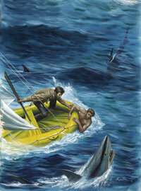 Pulp, Pulp-like, Digests, and Paperback Art, MORT K&Atilde;�NSTLER (American b. 1931). Shark Attack, Adrift for 43Days, Male magazine front cover, April 1968. Gouache on bo...