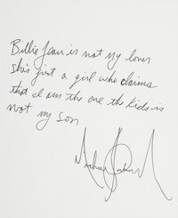 Music Memorabilia:Autographs and Signed Items, Michael Jackson Autographed Handwritten "Billie Jean" Lyrics....