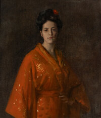Fine Art - Painting, American:Modern  (1900 1949)  , WILLIAM MERRITT CHASE (American, 1849-1916). The Red Kimona(Girl in Red) (The Artist's Daughter), circa 1908. Oil on ca...