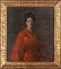Fine Art - Painting, American:Modern  (1900 1949)  , WILLIAM MERRITT CHASE (American, 1849-1916). The Red Kimona(Girl in Red) (The Artist's Daughter), circa 1908. Oil on ca...