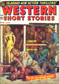 Pulp, Pulp-like, Digests, and Paperback Art, NORMAN SAUNDERS (American, 1907-1989). Western Short Stories,pulp cover, February 1953. Oil on board. 18.75 x 17 in.. N...