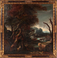 Fine Art - Painting, European:Antique  (Pre 1900), Circle of SALVATOR ROSA (Italian, 1615-1673). Landscape withFigures (The Commission of St. Peter). Oil on canvas ....