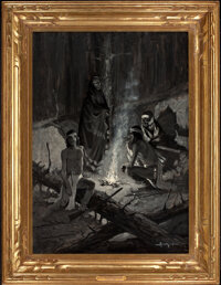 Western, FREDERIC SACKRIDER REMINGTON (American, 1861-1909). ApacheSignal Fire, circa 1891. Oil en grisaille on canvas. 34 x 24...
