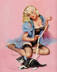 Pin-up and Glamour Art, GIL ELVGREN (American, 1914-1980). Denise (Pur-r-rty Pair),1960. Oil on canvas. 30 x 24 in.. Signed lower left. Fro...
