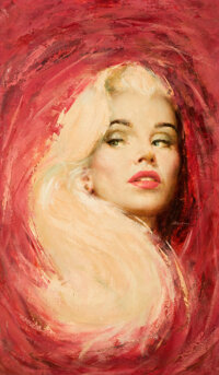Pin-up and Glamour Art, JAMES ALFRED MEESE (American, 1917-1971). Widow's Pique,paperback cover, 1957. Oil on masonite. 34 x 20 in.. Signedcen...