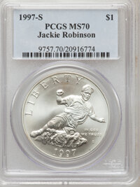 Modern Issues: , 1997-S $1 Jackie Robinson Silver Dollar MS70 PCGS. PCGS Population(56). NGC Census: (115). Mintage: 30,007. Numismedia Wsl...
