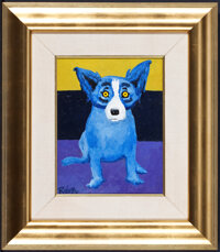 American:Modern, GEORGE RODRIGUE (American, b. 1944). Blue Dog with Stripes.Oil on canvas. 14 x 11 inches (35.6 x 27.9 cm). Signed lower...