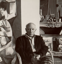 Photographs:20th Century, LEE MILLER (American, 1907-1977). Pablo Picasso, Cannes,1958. Gelatin silver, estate printed 1984. 10 x 9-7/8 inches (2...