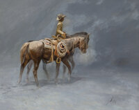 , FROM A PRIVATE DALLAS COLLECTION. GORDON SNIDOW (American, b.1936). The Empty Saddle. Oil on board. 24 x 30 inches (6...