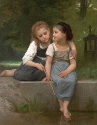 Fine Art - Painting, European:Other , WILLIAM ADOLPHE BOUGUEREAU (French, 1825-1905). Fishing ForFrogs, 1882. Oil on canvas. 54 x 42 inches (137.2 x 106.7 cm...