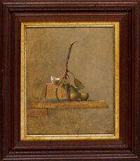Fine Art - Painting, American:Contemporary   (1950 to present)  , BRUCE KURLAND (American, 1938-). Pears, Basket and Shell,1972. Oil on gessoed masonite panel. 9-3/4 x 8-1/2 inches (24....