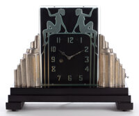 Timepieces:Clocks, AN ART DECO ILLUMINATED GLASS AND GILT METAL CLOCK ON WOOD BASE .Maker unknown, American, circa 1935. 11-7/8 inches high (3...