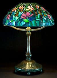 Decorative Arts, American:Lamps & Lighting, A TIFFANY STUDIOS PATINATED BRONZE LAMP WITH TULIP GLASSSHADE . Tiffany Studios, Corona, New York, circa 1900. ... (Total:2 Items)