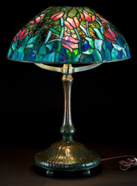 Decorative Arts, American:Lamps & Lighting, A TIFFANY STUDIOS PATINATED BRONZE LAMP WITH TULIP GLASSSHADE . Tiffany Studios, Corona, New York, circa 1900. ... (Total:2 Items)