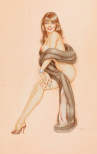 Pin-up and Glamour Art, ALBERTO VARGAS (American, 1896-1982). Brunette in Fur, Playboymagazine pin-up. Pencil and watercolor on board. 25 x 16 ...
