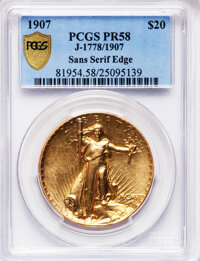 Proof High Relief Double Eagles, 1907 $20 Ultra High Relief, Sans Serif Edge, Judd-1907,Pollock-2001, R.8 PR58 PCGS Secure....