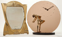 Decorative Arts, Continental:Other , AN AUSTRIAN GILT METAL MIRROR AND SMITH'S ART DECO GLASS CLOCK .Circa 1920. Marks: SMITH'S ENGLISH CLOCKS, LTD, CONTROLLI...(Total: 2 Items)