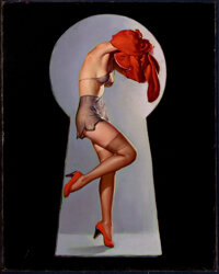 Pin-up and Glamour Art, GIL ELVGREN (American, 1914-1980). Peek-a-View, Louis F. DowCompany calendar illustration, 1940. Oil on canvas. 29 x 23...