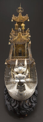 Silver Holloware, Chinese Export:Holloware, A MONUMENTAL CHINESE SILVER AND SILVER GILT DRAGON BOAT ON STAND.Maker unknown, China, 20th century. Unmarked. 18-1/4 inche...