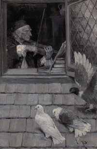 Mainstream Illustration, HOWARD PYLE (American, 1853-1911). The Old Violin, 1894. Oilen grisaille on board. 11 x 7 in.. Initialed lower right. ...