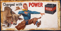 Mainstream Illustration, ROBERT OLIVER SKEMP (American, 1910-1984). "Charged with Power",Atlas Battery advertisement. Oil on canvas. 18 x 37 in....