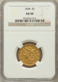 Classic Half Eagles, 1838 $5 AU50 NGC. Breen-6514, McCloskey 1-A, R.2....