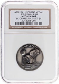 Explorers:Space Exploration, Apollo 11 Flown MS68 NGC Silver Robbins Medallion Originally fromthe Personal Collection of Mission CapCom Charlie Duke, Seri...