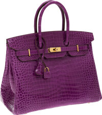 Luxury Accessories:Bags, Hermes Extremely Rare 35cm Shiny Violet Porosus Crocodile BirkinBag with Gold Hardware. ...