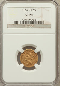 Liberty Quarter Eagles: , 1867-S $2 1/2 VF20 NGC. NGC Census: (4/151). PCGS Population(5/100). Mintage: 28,000. Numismedia Wsl. Price for problem fr...