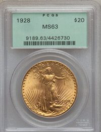 Saint-Gaudens Double Eagles: , 1928 $20 MS63 PCGS. PCGS Population (12678/24746). NGC Census:(14899/20837). Mintage: 8,816,000. Numismedia Wsl. Price for...