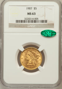 Liberty Half Eagles: , 1907 $5 MS63 NGC. CAC. NGC Census: (1892/1066). PCGS Population(1621/785). Mintage: 626,192. Numismedia Wsl. Price for pro...