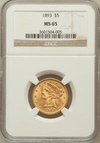 Liberty Half Eagles: , 1893 $5 MS65 NGC. NGC Census: (59/9). PCGS Population (25/6).Mintage: 1,528,197. Numismedia Wsl. Price for problem free NG...