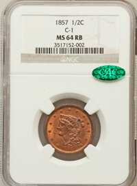 Half Cents, 1857 1/2 C MS64 Red and Brown NGC. CAC. C-1, B-1, R.2....