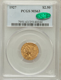 Indian Quarter Eagles: , 1927 $2 1/2 MS63 PCGS. CAC. PCGS Population (2773/2283). NGCCensus: (3641/3108). Mintage: 388,000. Numismedia Wsl. Price f...