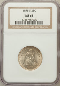 Seated Quarters: , 1875-S 25C MS65 NGC. NGC Census: (9/1). PCGS Population (7/2).Mintage: 680,000. Numismedia Wsl. Price for problem free NGC...