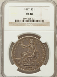 Trade Dollars: , 1877 T$1 XF40 NGC. NGC Census: (20/413). PCGS Population (57/446).Mintage: 3,039,710. Numismedia Wsl. Price for problem fr...