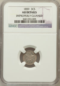 Three Cent Silver, 1859 3CS -- Improperly Cleaned -- NGC Details. AU. NGC Census:(1/275). PCGS Population (13/336). Mintage: 364,200. Numisme...