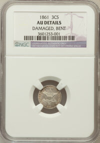 Three Cent Silver, 1861 3CS -- Bent, Damaged -- NGC Details. AU. NGC Census: (8/711).PCGS Population (29/774). Mintage: 497,000. Numismedia W...