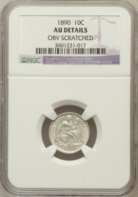 Seated Dimes, 1890 10C -- Obv Scratched -- NGC Details. AU. NGC Census: (5/470).PCGS Population (5/477). Mintage: 9,910,951. Numismedia ...
