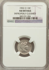 Barber Dimes, 1902-O 10C -- Improperly Cleaned -- NGC Details. AU. NGC Census:(1/90). PCGS Population (7/77). Mintage: 4,500,000. Numism...