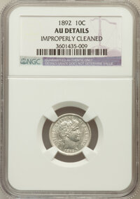 Barber Dimes, 1892 10C -- Improperly Cleaned -- NGC Details. AU. NGC Census:(6/1142). PCGS Population (17/1334). Mintage: 12,121...