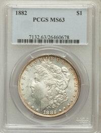 Morgan Dollars: , 1882 $1 MS63 PCGS. PCGS Population (5765/6191). NGC Census:(5921/7576). Mintage: 11,101,100. Numismedia Wsl. Price for pro...