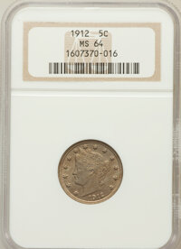 Liberty Nickels: , 1912 5C MS64 NGC. NGC Census: (377/138). PCGS Population (463/194).Mintage: 26,236,714. Numismedia Wsl. Price for problem ...