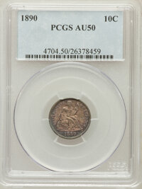 Seated Dimes: , 1890 10C AU50 PCGS. PCGS Population (5/476). NGC Census: (5/470).Mintage: 9,910,951. Numismedia Wsl. Price for problem fre...