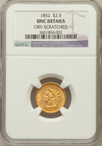 Liberty Quarter Eagles, 1852 $2 1/2 -- Obv Scratched -- NGC Details. UNC. NGC Census:(13/572). PCGS Population (7/272). Mintage: 1,159,681. Nu...