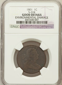 Large Cents, 1801 1C -- Environmental Damage -- NGC Details. Good. S-224. NGCCensus: (3/123). PCGS Population (5/113). Mintage: 1,3...